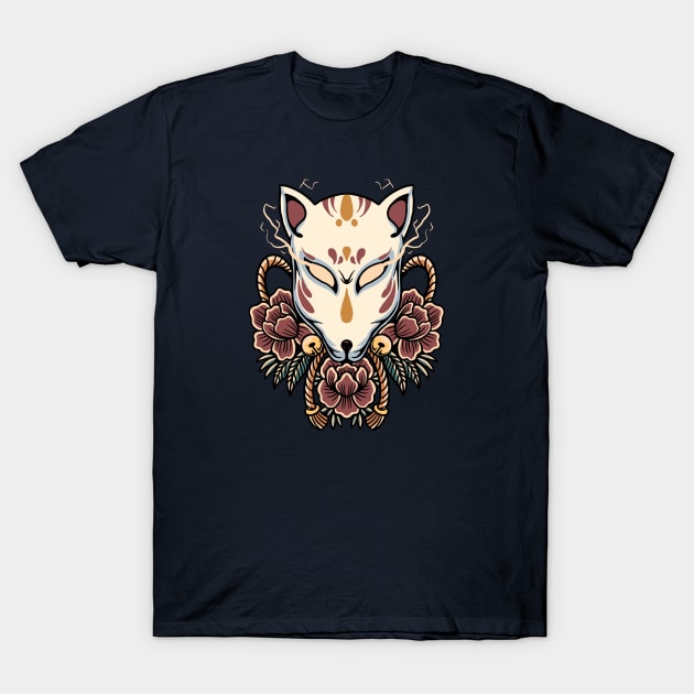 Vintage Kitsune Fox Mask with Roses T-Shirt by SLAG_Creative